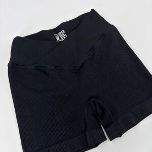 OQQ Shorts Ribbed Crossover Waistband Athletic Workout Women Size Small Black